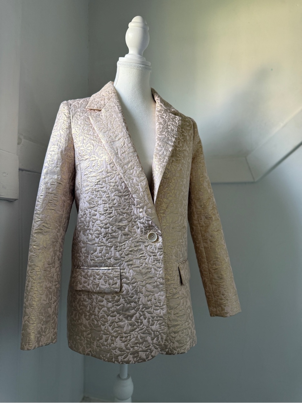 Zara Basic Metallic Gold Blush Jacquard Blazer Jacket XS US 4